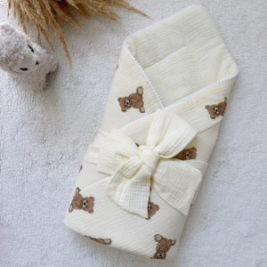 Odejica muslin s trakom, medvedki, mlečna